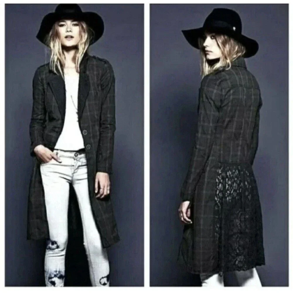 Free People‎ Plaid Gray Duster Trench Coat Women’s 4 Grunge Steampunk Victorian